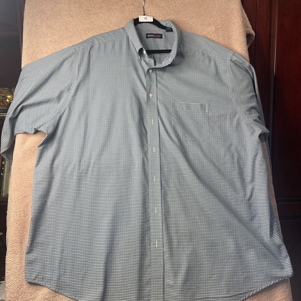 ROUNDTREE & YORKE TRAVEL SMART LONG SLEEVED BLUE PLAID‎ DRESS SHIRT SIZE 4XT